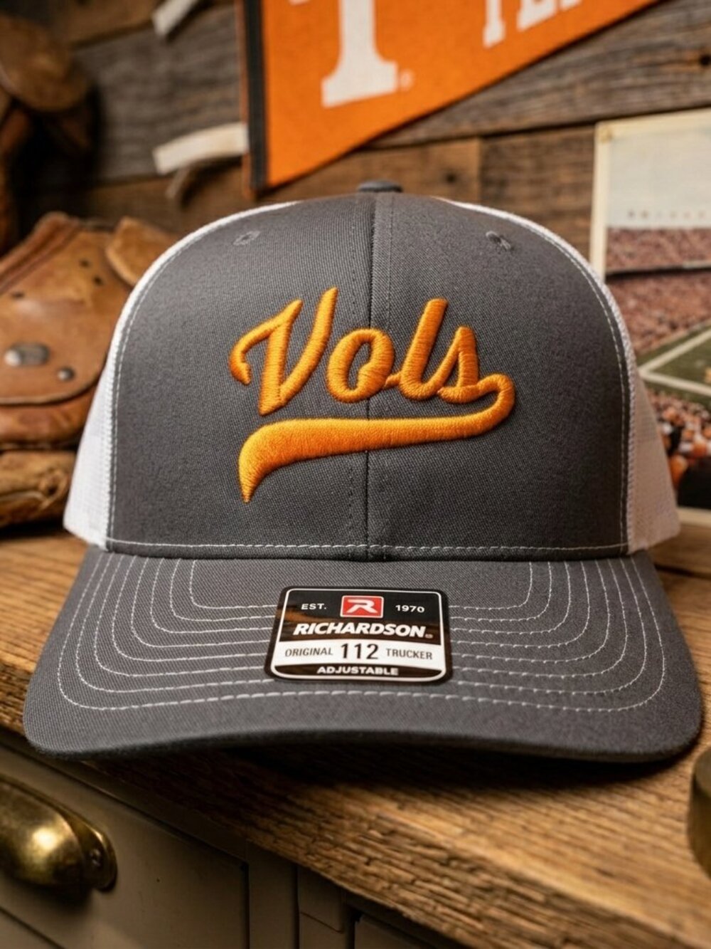 Tennessee Vols Script Tail Embroidered Grey White Richardson 112 Hat Football